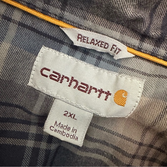 Carhartt Men’s Relaxed Fit Blue Gray Long Sleeve Plaid Button Down Shirt 2XL XXL - Picture 7 of 8